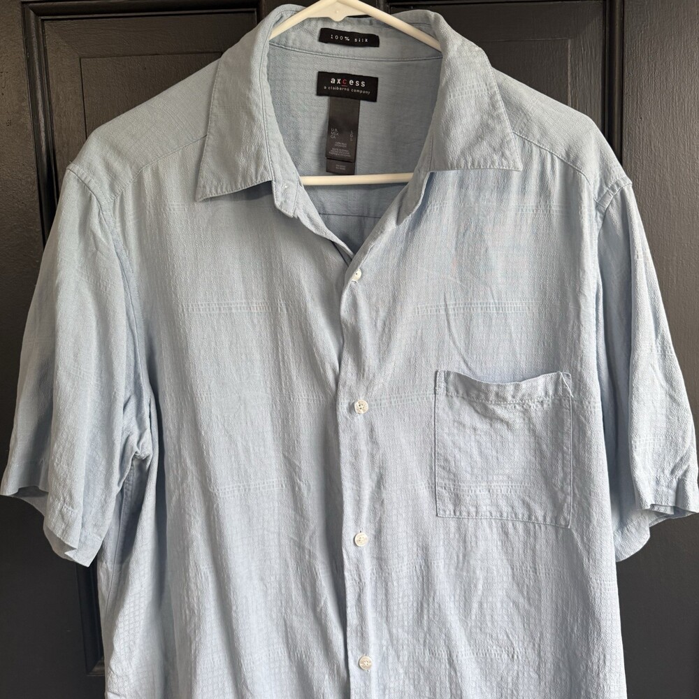 Axcess 100% Silk Shirt Mens Large Blue Stripe Short Sleeve Button Up - Picture 3 of 10